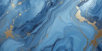 The primary subject of the image is a blue and gold marbled surface, which appears to be a piece of art or a decorative item. The setting is a room with a blue wall, and the visual style is a close-up of the marbled surface. The colors and mood of the image are predominantly blue and gold, creating a sense of elegance and sophistication.
