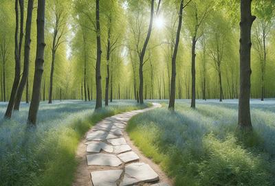 The primary subject of the image is a pathway surrounded by trees and grass. The setting is a forest with a sunny day, creating a serene and peaceful atmosphere. The visual style is a digital art, with the pathway being depicted as a stone road. The colors and mood are predominantly green, with the grass and trees providing a natural and calming environment.