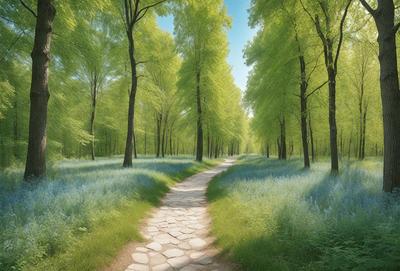 The primary subject of the image is a pathway surrounded by trees and grass. The setting is a forest with a clear blue sky above. The visual style is a photo, capturing the natural beauty of the forest and the path. The colors and mood are predominantly blue, creating a serene and peaceful atmosphere.