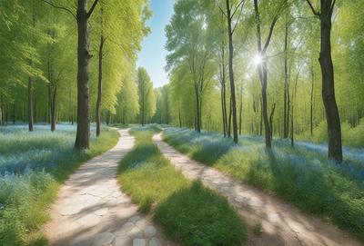 The primary subject of the image is a dirt road surrounded by a forest of trees. The setting is a lush green forest with a blue sky in the background. The visual style is a photo of a natural environment. The colors and mood are predominantly green and serene, with the blue sky adding a touch of tranquility to the scene.