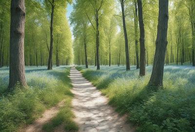 The primary subject of the image is a dirt road surrounded by a forest of trees. The setting is a lush green forest with a path leading through it. The visual style is a digital art or illustration, creating a serene and natural atmosphere. The dominant colors are green, blue, and brown, reflecting the natural environment and the path's surroundings.