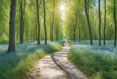 The primary subject of the image is a dirt road surrounded by a forest of trees. The setting is a lush green forest with a sunny day, creating a serene and peaceful atmosphere. The visual style is a photo, capturing the natural beauty of the forest and the dirt road. The colors and mood are predominantly green, with the sunlight creating a warm and inviting ambiance.