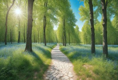 The primary subject of the image is a pathway surrounded by trees and grass. The setting is a forest with a clear blue sky above. The visual style is a digital art, creating a serene and peaceful atmosphere. The dominant colors are blue and green, with the blue sky and green trees creating a harmonious and calming environment.