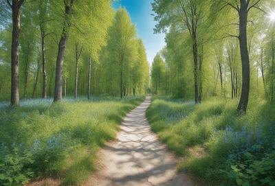 The primary subject of the image is a dirt road surrounded by a lush green forest. The setting is a serene, natural environment with trees and grass. The visual style is a combination of photo and digital art, creating a realistic yet artistic representation of the scene. The colors and mood are predominantly green, with a sense of tranquility and harmony with nature.