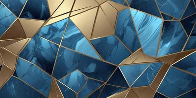 The primary subject of the image is a blue and gold patterned wallpaper. The setting is a room with a blue and gold wallpapered wall. The visual style is a digital art or illustration, creating a unique and eye-catching design. The dominant colors are blue and gold, giving the room a vibrant and luxurious atmosphere.