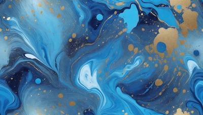 The primary subject of the image is a blue and gold painting, featuring a swirling design with gold accents. The setting is a blue background, which complements the colors of the painting. The visual style is a mix of digital art and illustration, creating a unique and eye-catching piece of art. The dominant colors are blue and gold, giving the painting a rich and vibrant atmosphere.