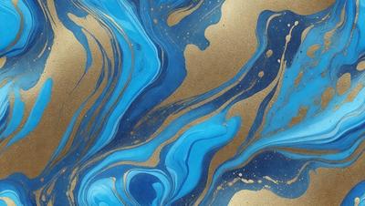 The primary subject of the image is a blue and gold swirling pattern, which appears to be a painting or a digital artwork. The setting is a gold background, and the visual style is a combination of painting and digital art. The dominant colors are blue and gold, creating a sense of depth and richness in the artwork.