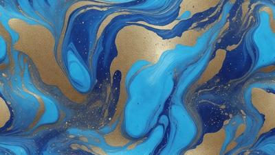 The primary subject of the image is a blue and gold swirling pattern, which appears to be a painting or a digital artwork. The setting is a gold background, and the visual style is a combination of painting and digital art. The dominant colors are blue and gold, creating a sense of depth and richness in the artwork.