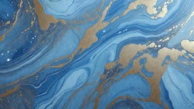 The primary subject of the image is a blue and gold swirling pattern, which appears to be a painting or a digital artwork. The setting is a blue background, and the visual style is a combination of photo and digital art. The dominant colors are blue and gold, creating a vibrant and lively atmosphere.