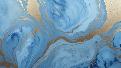 The primary subject of the image is a blue and gold swirling pattern, which appears to be a painting or a digital artwork. The setting is a blue background, and the visual style is a combination of painting and digital art. The dominant colors are blue and gold, creating a vibrant and lively atmosphere.