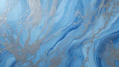 The primary subject of the image is a blue and white marbled surface, which appears to be a wall or a piece of art. The setting is a room with a blue and white marbled wall, and the visual style is a close-up of the marbled surface. The colors and mood of the image are predominantly blue and white, creating a calm and serene atmosphere.