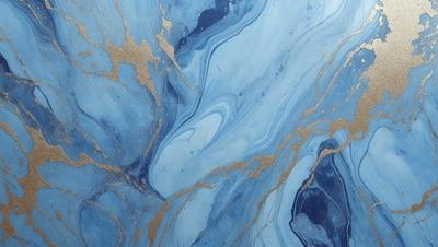 The primary subject of the image is a blue and gold marbled surface, which appears to be a piece of art or a decorative item. The setting is a room with a blue and gold marbled wall, and the visual style is a combination of digital art and illustration. The dominant colors in the image are blue and gold, creating a luxurious and elegant atmosphere.