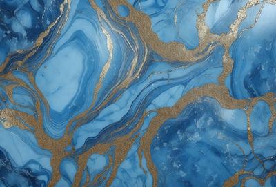 The primary subject of the image is a blue and gold marbled stone. The setting is a blue and gold marbled stone surface, which serves as the background. The visual style is a close-up of the marbled stone, showcasing its intricate patterns and colors. The dominant colors are blue and gold, creating a rich and luxurious atmosphere.