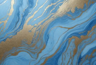 The primary subject of the image is a blue and gold swirling pattern, which appears to be a painting or a digital artwork. The setting is a blue and gold background, which complements the swirling pattern. The visual style is a mix of digital art and painting, creating a unique and eye-catching design. The colors and mood of the image are predominantly blue and gold, giving it a warm and inviting atmosphere.