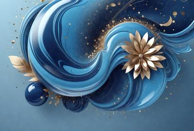 The primary subject of the image is a blue vase with gold accents, featuring a flower design. The vase is placed on a blue background, which adds to the overall visual style. The colors and mood of the image are predominantly blue and gold, creating a sense of elegance and sophistication.