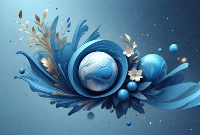 The primary subject of the image is a blue and gold flower with a blue ball in the center. The setting is a blue background, and the visual style is a digital art or illustration. The dominant colors are blue and gold, creating a calm and serene atmosphere.