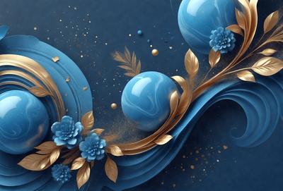 The primary subject of the image is a blue and gold flower design. The setting is a blue background, and the visual style appears to be a digital art or illustration. The dominant colors are blue and gold, creating a serene and elegant atmosphere.