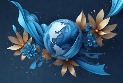 The primary subject of the image is a blue and gold globe, which is the main object in the scene. The setting is a blue background, and the visual style is a combination of photo and digital art. The colors and mood of the image are predominantly blue and gold, creating a sense of elegance and sophistication.