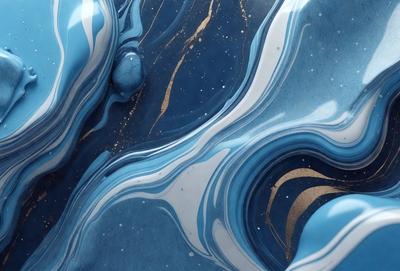 The primary subject of the image is a blue and gold swirl pattern, which appears to be a digital art or illustration. The setting is a blue surface, possibly a wall or a piece of artwork. The visual style is a mix of digital art and traditional illustration, creating a unique and eye-catching design. The colors and mood of the image are predominantly blue and gold, giving it a vibrant and luxurious appearance.