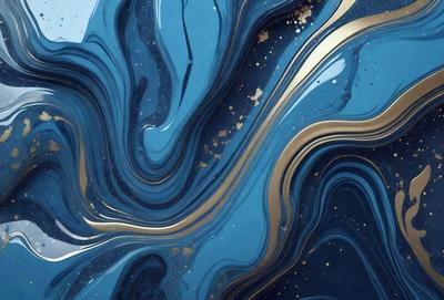 The primary subject of the image is a blue and gold swirl pattern, which appears to be a piece of art or a decorative item. The setting is a blue background, which complements the colors of the swirl pattern. The visual style of the image is a combination of digital art and illustration, creating a unique and eye-catching design. The dominant colors in the image are blue and gold, giving the pattern a rich and luxurious appearance.