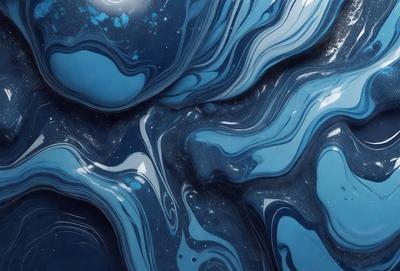 The primary subject of the image is a close-up of a blue, swirling, and flowing pattern, which appears to be a piece of art or a decorative item. The setting is a dark background, which contrasts with the vibrant blue color of the swirling pattern. The visual style of the image is a close-up, which emphasizes the intricate details of the swirling pattern. The colors and mood of the image are predominantly blue, creating a sense of calmness and tran