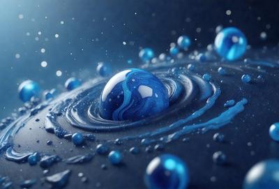 The primary subject of the image is a blue, swirling, and somewhat distorted sphere, which appears to be a blue marble or a blue ball. The setting is a dark, blue background, which contrasts with the blue marble. The visual style is a combination of photo and digital art, creating a unique and intriguing appearance. The colors and mood of the image are predominantly blue, giving it a calm and serene atmosphere.