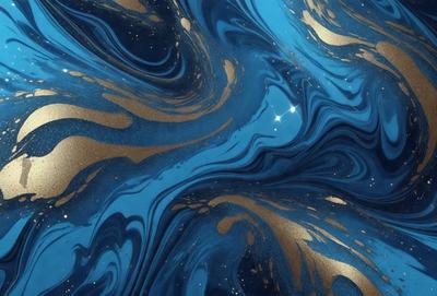 The primary subject of the image is a blue and gold swirling pattern, which appears to be a digital art or illustration. The setting is a blue and gold background, and the visual style is a combination of digital art and illustration. The dominant colors in the image are blue and gold, creating a vibrant and lively atmosphere.