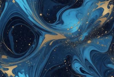 The primary subject of the image is a blue and gold swirl pattern, which appears to be a digital art or illustration. The setting is a dark blue background, and the visual style is a mix of digital art and traditional illustration. The dominant colors are blue and gold, creating a sense of depth and intricacy in the swirl pattern. The overall atmosphere of the image is one of beauty and complexity.