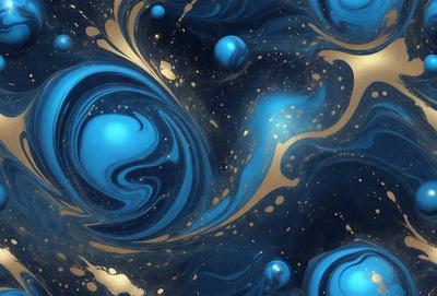 The primary subject of the image is a blue and gold swirl pattern, which appears to be a digital art or illustration. The setting is a dark blue background, and the visual style is a combination of digital art and illustration. The dominant colors are blue and gold, creating a sense of depth and intricacy in the swirl pattern.