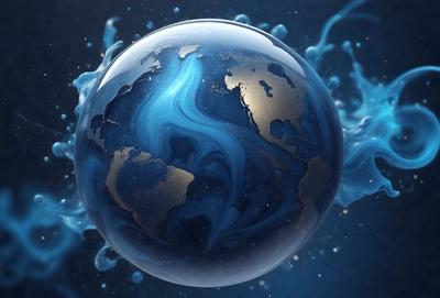 The primary subject of the image is a blue and gold globe, which is the main object, scene, or focus of the image. The setting is a dark blue background, which creates a contrast with the globe. The visual style is a digital art, illustration, or drawing, as the globe is depicted in a detailed and artistic manner. The colors and mood of the image are predominantly dark blue and gold, giving the impression of a mysterious and elegant atmosphere.