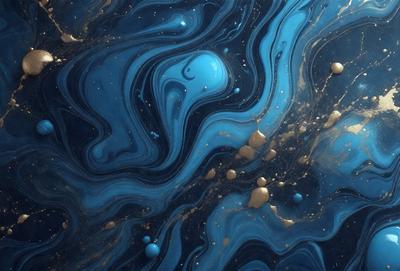 The primary subject of the image is a blue and gold swirling pattern, which appears to be a digital art or illustration. The setting is a blue background, and the visual style is a combination of digital art and illustration. The dominant colors are blue and gold, creating a vibrant and lively atmosphere.