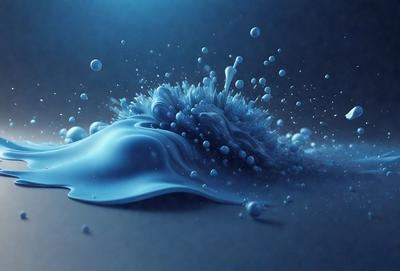 The primary subject of the image is a blue, foamy, and bubbly substance, which appears to be a digital art or illustration. The setting is a blue background, and the visual style is a combination of digital art and illustration. The colors and mood of the image are predominantly blue, creating a calm and serene atmosphere.