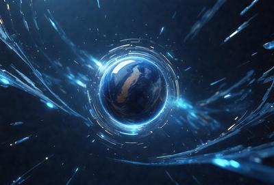 The primary subject of the image is a blue, round, and glowing object, which appears to be a globe or a sphere. The setting is a dark, starry background, creating a contrasting and dramatic effect. The visual style is a combination of photo and digital art, as the image is a close-up of the blue globe, with a hint of a pattern or texture. The colors and mood of the image are predominantly dark and mysterious, with the blue globe standing out as the foc