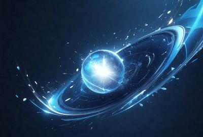 The primary subject of the image is a blue, glowing, and shimmering sphere. The setting is a dark background, which contrasts with the bright and vibrant colors of the sphere. The visual style appears to be a digital art or illustration, as the sphere is depicted in a detailed and intricate manner. The colors and mood of the image are predominantly blue and energetic, creating a sense of motion and dynamism.