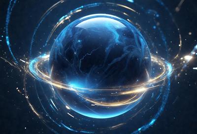 The primary subject of the image is a blue, swirling, and glowing planet. The setting is a dark, starry background, which contrasts with the bright blue planet. The visual style is a combination of photo and digital art, creating a unique and captivating representation of the planet. The colors and mood of the image are predominantly blue, with a sense of wonder and exploration.