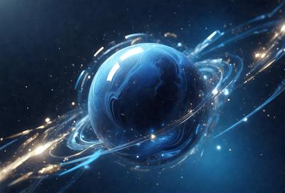 The primary subject of the image is a blue, glowing, and swirling planet. The setting is a dark, starry background, which adds to the overall mood of the scene. The visual style of the image is a combination of photo and digital art, creating a unique and captivating representation of the planet. The colors and mood of the image are predominantly dark and mysterious, with the blue planet standing out as the focal point.