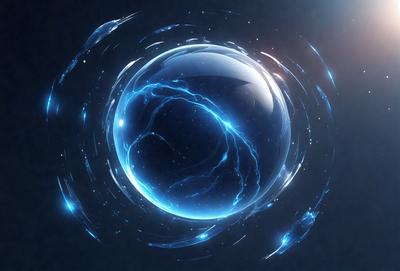 The primary subject of the image is a large, blue, swirling ball. The setting is a dark background, which contrasts with the bright blue swirls. The visual style is a digital art or illustration, creating a dynamic and captivating scene. The colors and mood are predominantly blue, giving the image a sense of depth and tranquility.