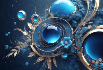 The primary subject of the image is a blue flower, which is the focal point of the scene. The setting is a blue background, which complements the blue flower. The visual style is a combination of digital art and illustration, creating a vibrant and colorful atmosphere. The dominant colors are blue and gold, with the blue flower being the most prominent feature in the image.