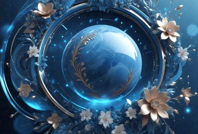 The primary subject of the image is a blue, gold, and white sphere, which is the main object of focus. The setting is a blue background, and the visual style appears to be a digital art or illustration. The colors and mood of the image are predominantly blue, gold, and white, creating a serene and calming atmosphere.