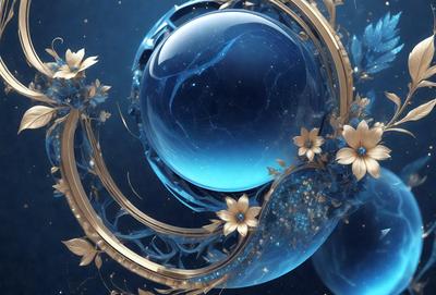 The primary subject of the image is a blue glass ball with a gold rim, surrounded by a blue background. The visual style appears to be a digital art or illustration, with a vibrant blue color and a gold rim on the glass ball. The overall atmosphere is lively and captivating, with the blue glass ball as the focal point.