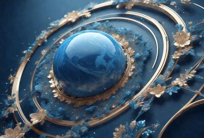 The primary subject of the image is a blue sphere, which is the main object, scene, or focus of the image. The setting or background features a blue and gold design, giving the image a unique and visually appealing visual style. The colors and mood of the image are predominantly blue and gold, creating a sense of elegance and sophistication.