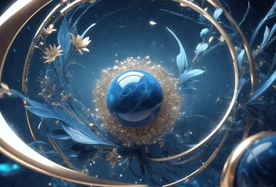 The primary subject of the image is a blue sphere, which is the main object, scene, or focus of the image. The setting or background features a blue and gold circle, which adds to the visual style of the image. The colors and mood of the image are predominantly blue and gold, creating a sense of elegance and sophistication.