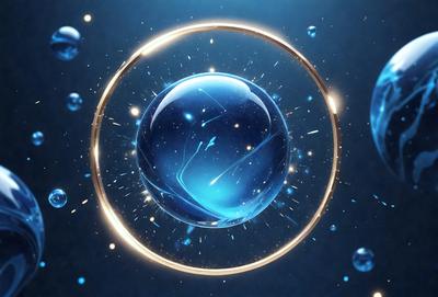 The primary subject of the image is a blue, glowing, and sparkling ball, which appears to be a digital art or illustration. The setting is a dark background, and the visual style gives the impression of a futuristic or space-themed scene. The colors and mood of the image are predominantly blue, with a sense of energy and movement, as the ball is surrounded by sparkling lights.
