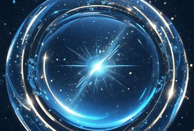The primary subject of the image is a blue, circular object with a bright light in the center. The setting is a space background, and the visual style appears to be a digital art or illustration. The dominant colors are blue and white, creating a calm and serene atmosphere.
