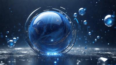 The primary subject of the image is a large, blue, glass-like sphere. The setting is a dark, blue background, which creates a contrasting and dramatic effect. The visual style is a combination of photo and digital art, as the sphere appears to be a real object, yet it is also digitally manipulated to create a unique and eye-catching effect. The colors and mood of the image are predominantly dark and moody, with the blue sphere standing out against the black background.