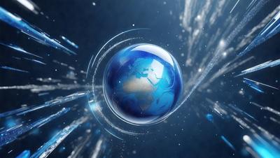 The primary subject of the image is a blue, globe-shaped object, which appears to be a blue planet. The setting is a dark, starry background, creating a sense of depth and space. The visual style is a combination of photo and digital art, as the image is a close-up of the blue planet, with a blue and white color scheme. The overall atmosphere is serene and captivating, as the viewer is drawn into the vastness of the universe.