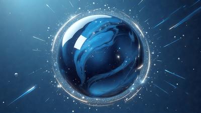 The primary subject of the image is a blue, swirling, and glowing ball, which appears to be a celestial object or a planet. The setting is a dark blue background, which contrasts with the bright blue ball. The visual style is a combination of photo and digital art, creating a unique and captivating image. The colors and mood of the image are predominantly blue, with a sense of depth and motion, evoking a sense of wonder and exploration.