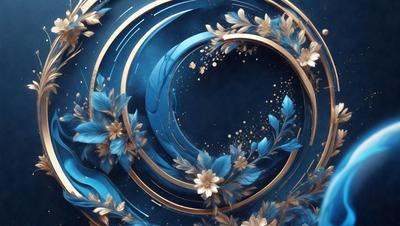 The primary subject of the image is a blue and gold floral design. The setting is a blue background, and the visual style appears to be a digital art or illustration. The dominant colors are blue and gold, creating a serene and elegant atmosphere.