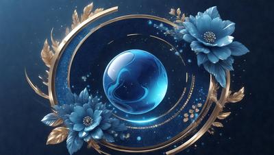 The primary subject of the image is a blue planet, which is the main focus of the scene. The setting is a blue background, which complements the blue planet. The visual style is digital art, as the image is a digital illustration of a blue planet with a gold ring. The dominant colors are blue and gold, creating a serene and peaceful atmosphere.