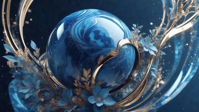 The primary subject of the image is a blue glass ball with gold accents, which is placed on a blue surface. The setting appears to be a decorative arrangement, possibly for a special event or as a centerpiece. The visual style of the image is a combination of photo and digital art, creating a unique and eye-catching display. The dominant colors in the image are blue and gold, giving the scene a sense of elegance and sophistication.